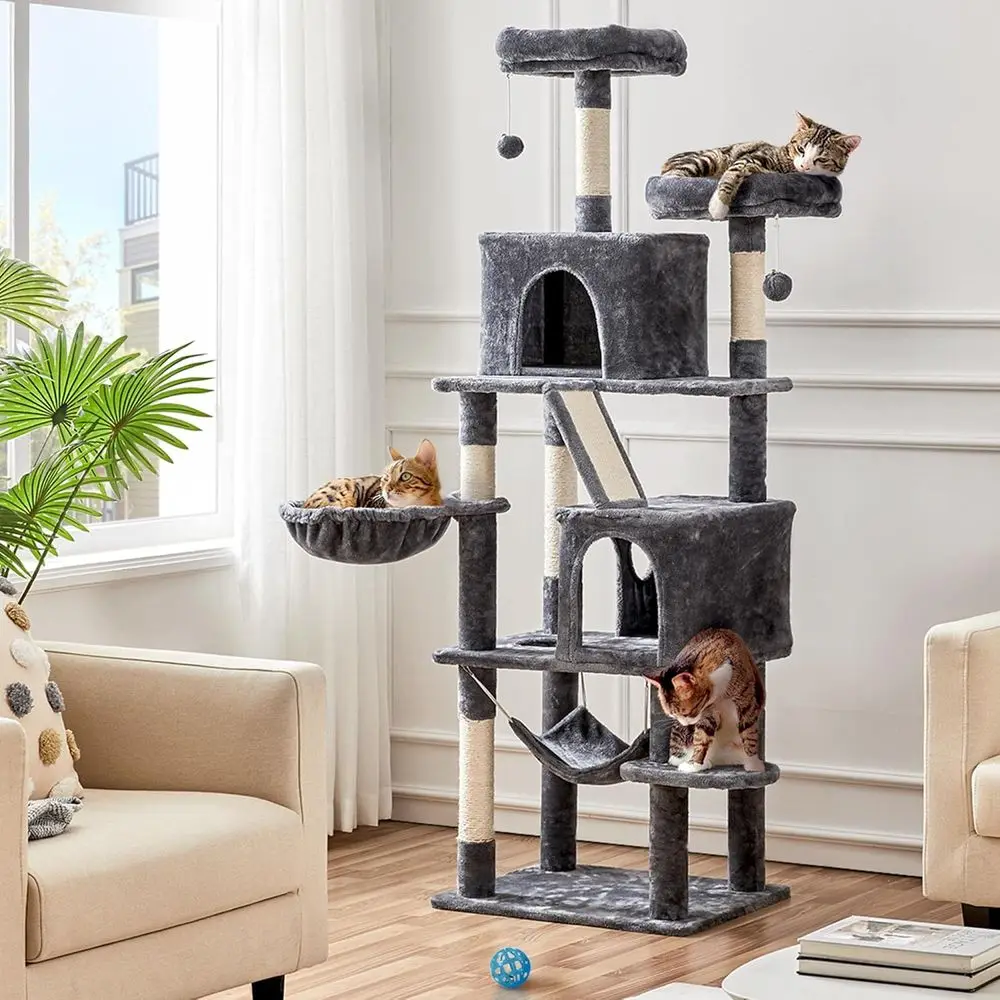 Multi-Level Cat Tree, 71.5in Tall Cat Tower with 2 Plush Condos, 2 Padded Perches, Hammock, Sisal Scratching Posts & Interactive