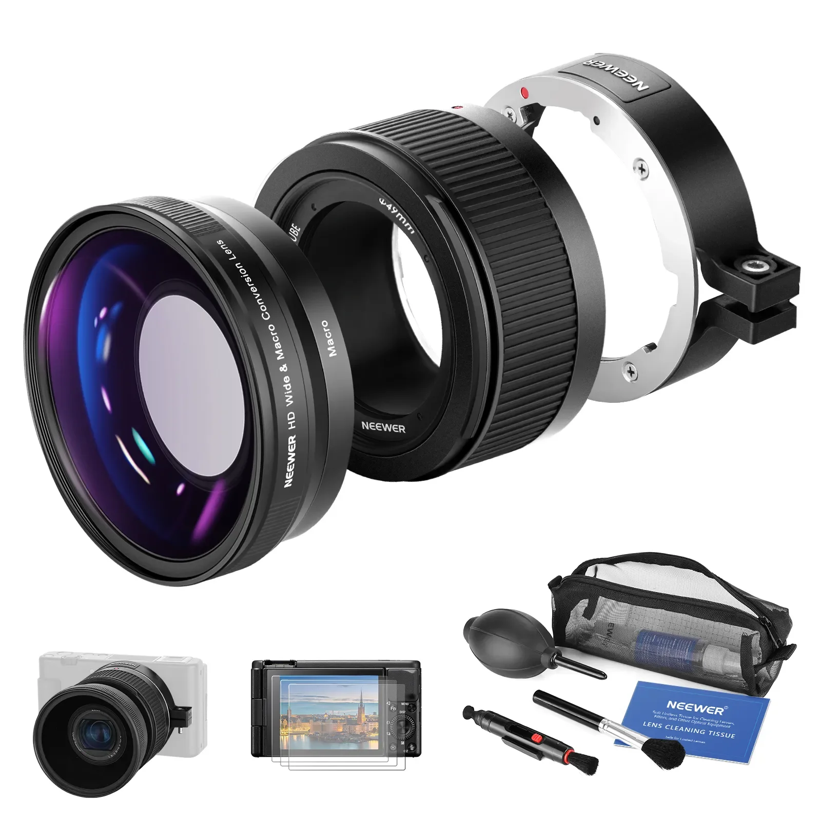 NEEWER 18mm HD Wide Angle Compatible With Sony ZV1 Camera Lamp; 2 In 1 10x Macro Additional Lens With Extension Tube
