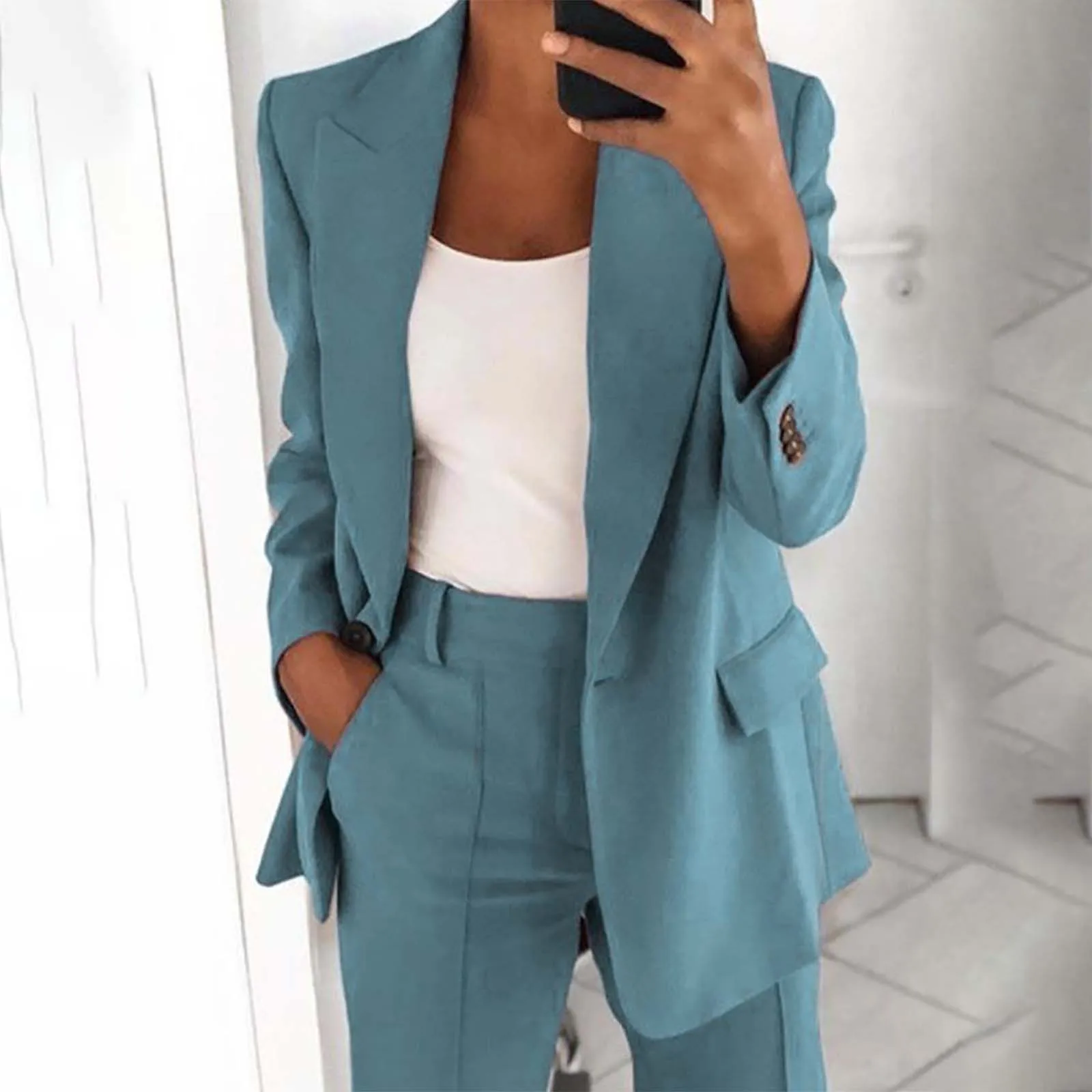 

Women'S Solid Causal Suits Button Cuff Lapel Pocket Coat & High Waist Pocket Foraml Suit 2pcs Handsmoe High-End All Season Set