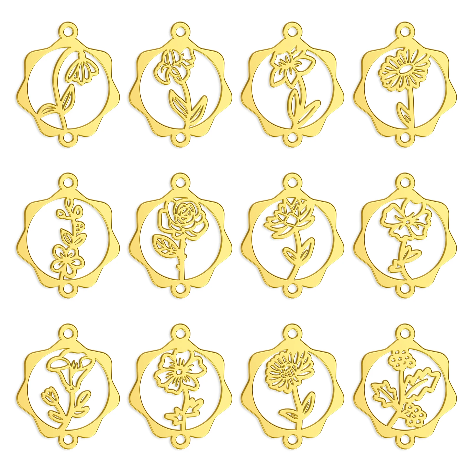 Skyrim 1pc Birth Month Flower Charms for Bracelet Stainless Steel Gold Color Snowdrop Daisy Rose Cosmos Pendant Wholesale