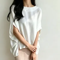 Karofi Loose Batwing Sleeve Blouse Women Elegant Boat Neck Split Tunic Tops Casual Oversized Lightweight Summer Shirts BL8325