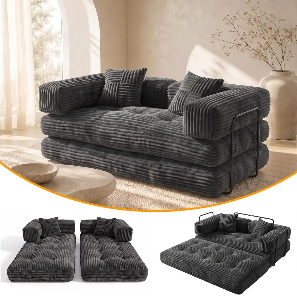 63 Convertible Sofa Bed, Boneless Corduroy Loveseat Sleeper Sofa with Memory Foam, Folding Floor Couch for Living Room, Apartme