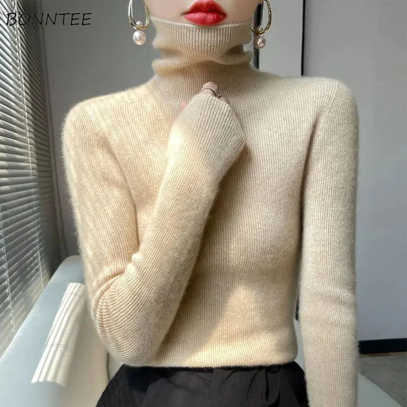 

Turtleneck Pullovers Women Solid Simple Knitting Long Sleeve Sweaters New Cold Wear Jumpers Basic Streetwear Fashion All-match