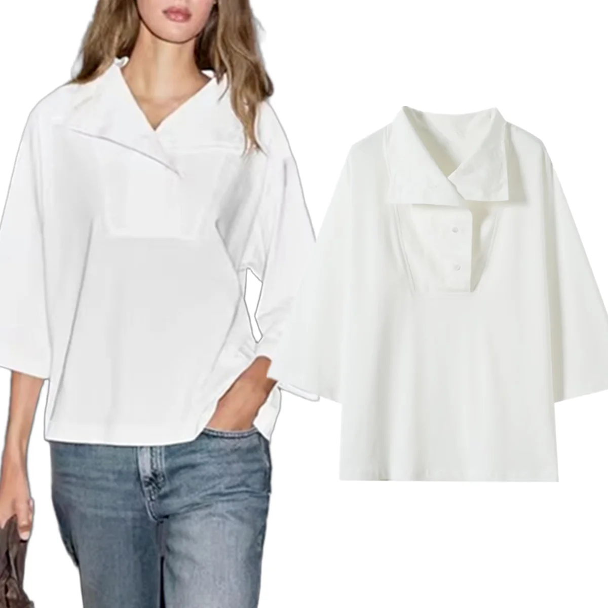 

Jenny & Dave женская блузка осенняя рубашка скандинавская модная офисная женская простая белая рубашка на пуговицах с большим воротником топ