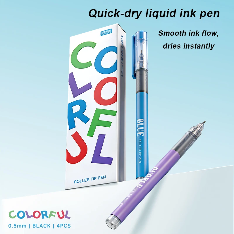 

4Pcs 0.5mm Direct Liquid Rollerball Pen Quick Dry Smudge-Free High-Capacity Needle Tip Smooth School Office Stationery Supplies