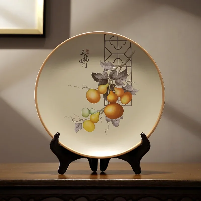 Ceramic Decorative Plate Five Blessings Home Wall Art Feng Shui Ornament for Living Room Entrance Wine Cabinet TV Stand