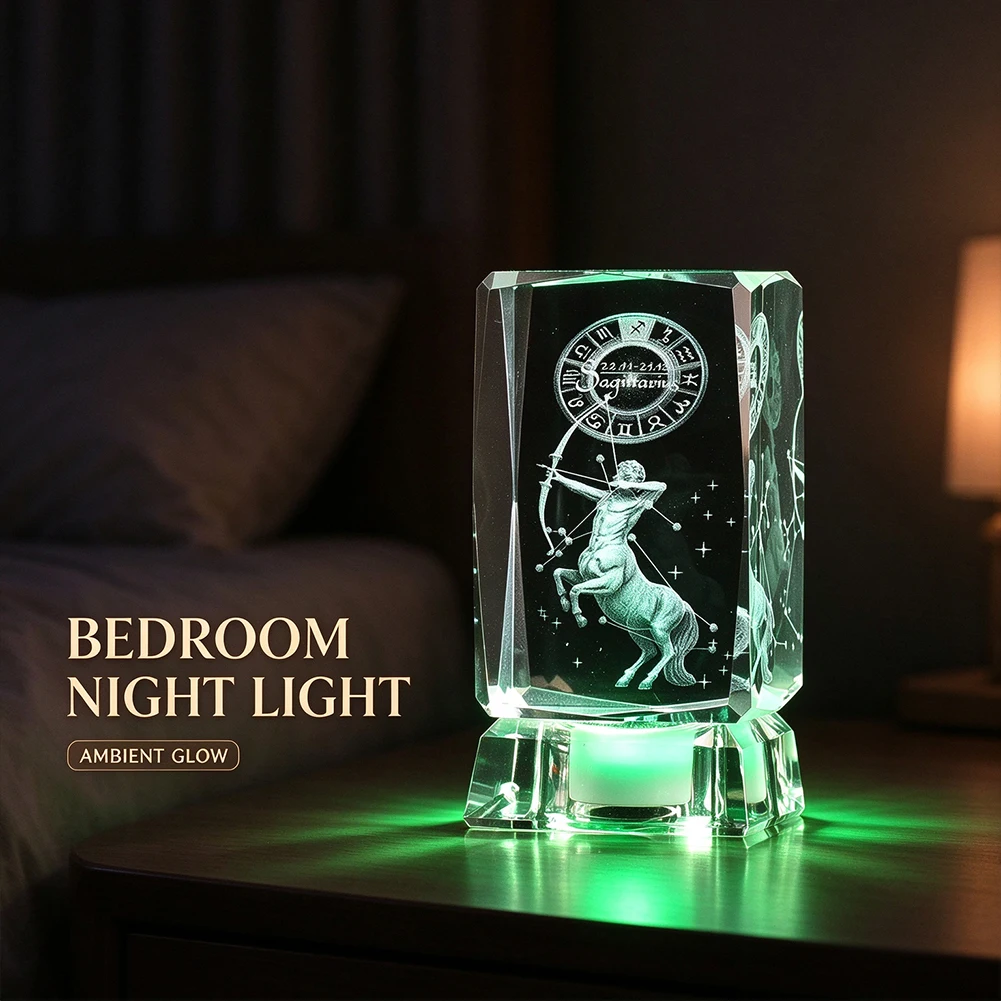 3D Laser Engraved Sagittarius Constellation Crystal Figurine Zodiac Signs Crystal Cube with LED Base Birthday Night Light Gift