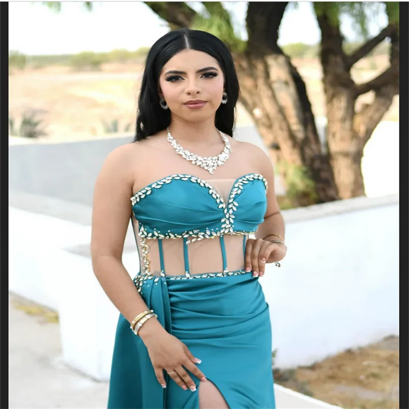 Personalizado pavão azul fenda lateral strass vestido de baile ilusão espartilho sexy vestidos de noche trem varredura elegante vestido formal