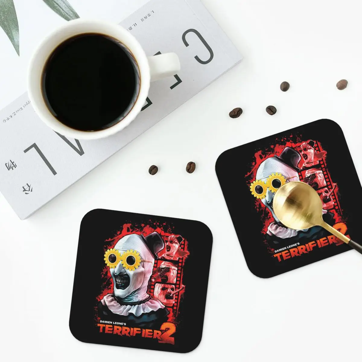 

Halloween Movie Terrifier Coasters Kitchen Placemats Insulation Cup Coffee Mats For Decor Home Tableware Pads Set of 4
