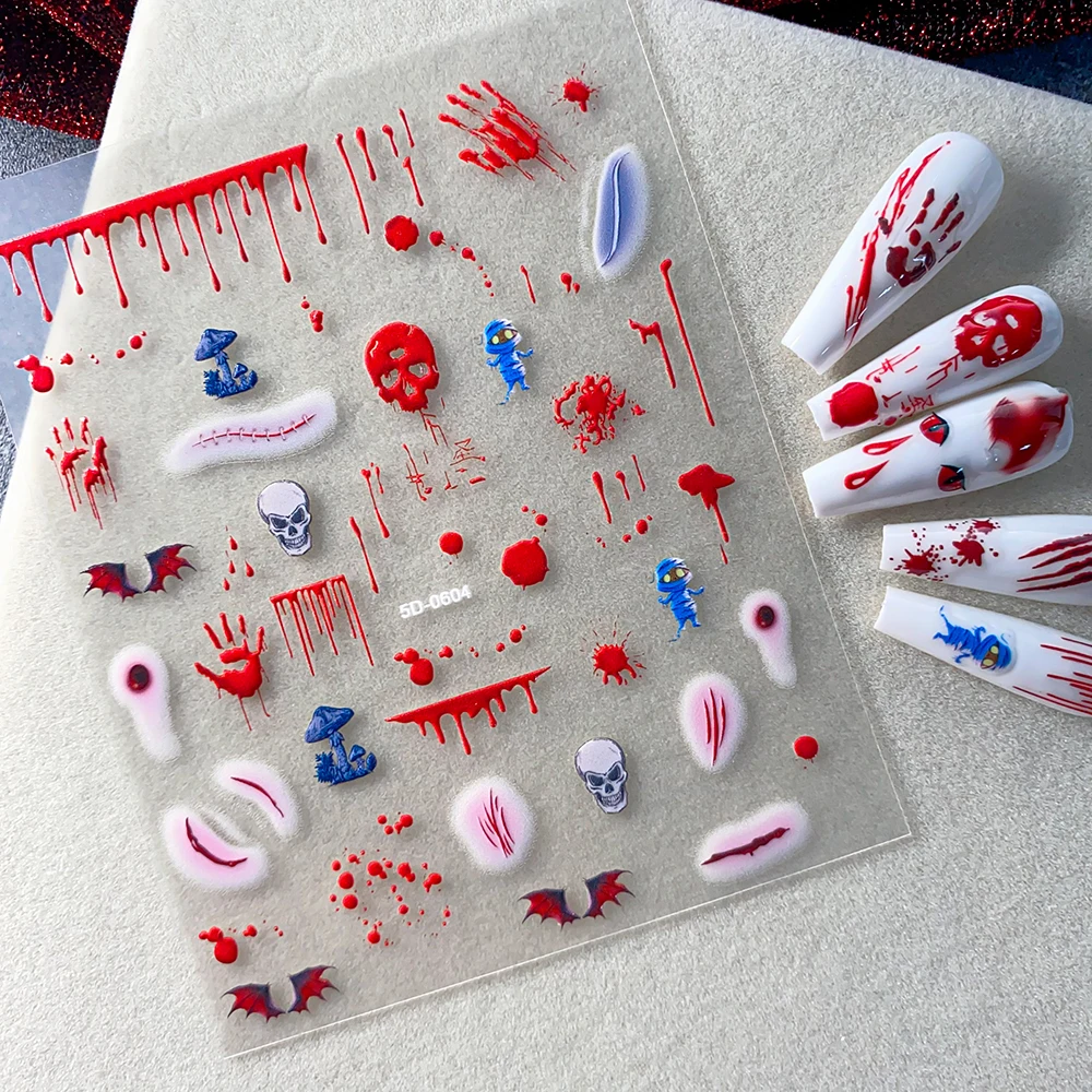 5D 할로윈 네일 아트 스티커 엠보싱 레드 블러드 스카 스컬 배트 디자인 네일 데칼 타투 슬라이더 매니큐어 호러 데칼 용품