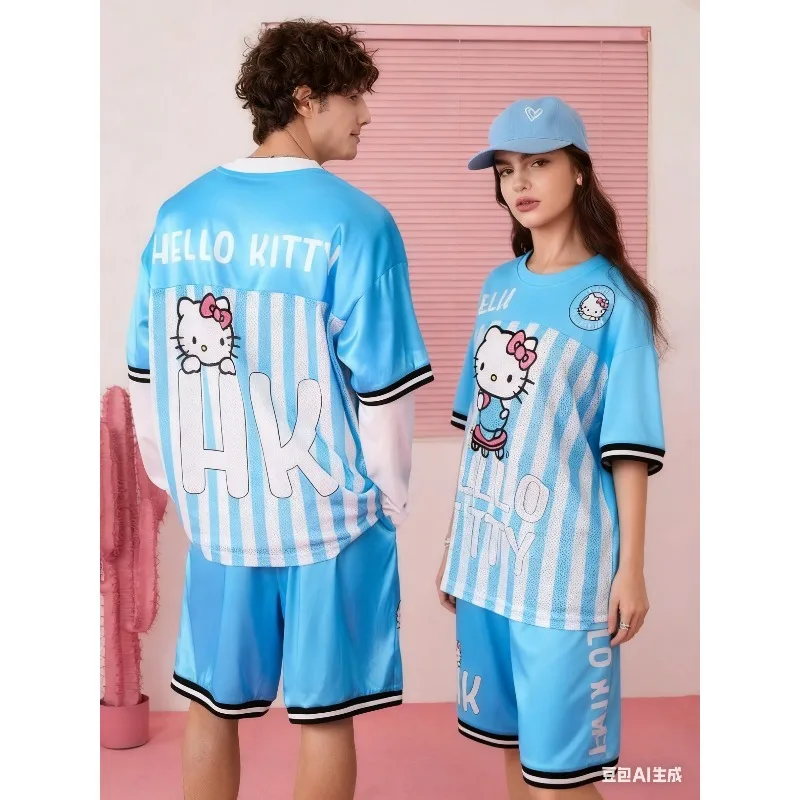 

Повседневный модный комплект Hello Kitty с принтом для детей и взрослых, футболка для пар, 2025 г., популярная мультяшная анимация, быстросохнущая