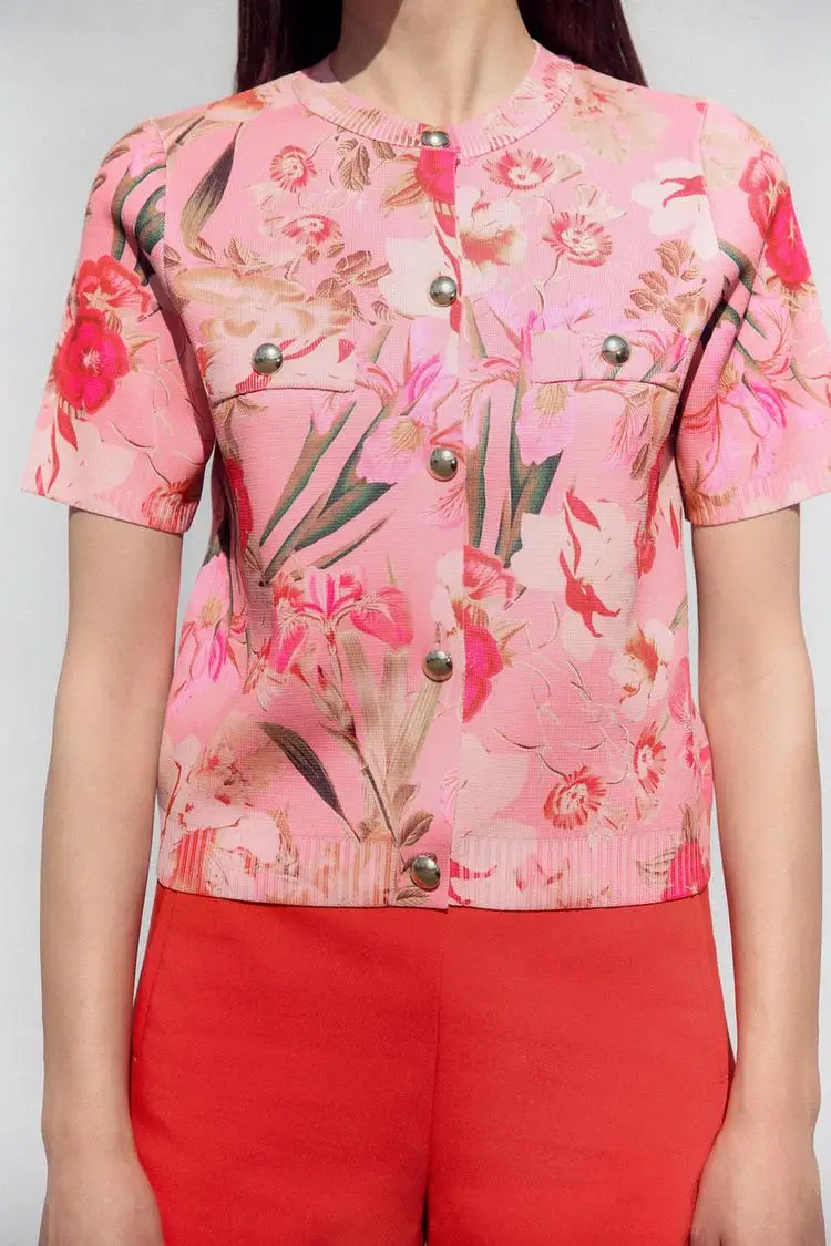 Neue Sommer 2025 Damen Modische Blumenmuster Strickjacke Oberbekleidung Locker Sitzend Rundhals Polyesterfaser Mantel