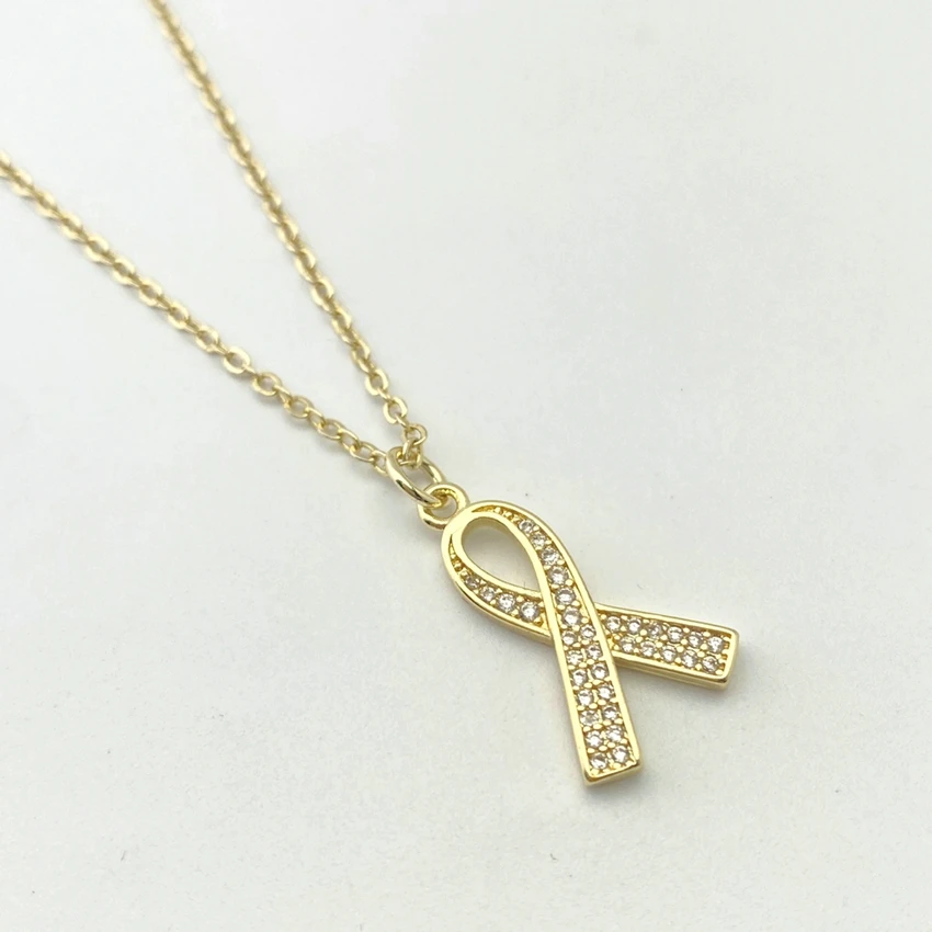 Chic Dainty 18K Gold Plated CZ Micro Pave Breast Cancer Awareness Silk Ribbon Charm Pendant Necklace Jewelry Making for Lady