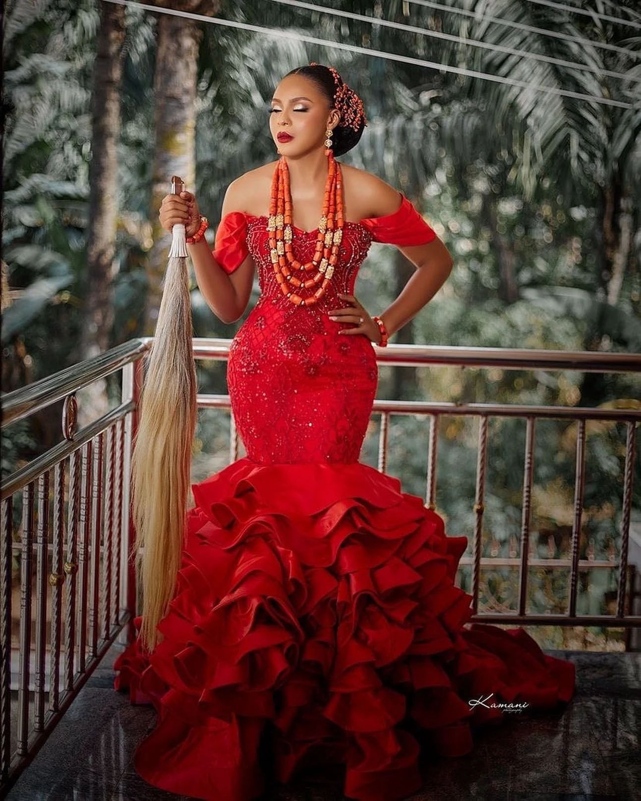 Luxo vermelho sereia aso ebi vestidos de casamento bellanaija estilo boné mangas flouncing longo trem babados feminino vestidos de baile