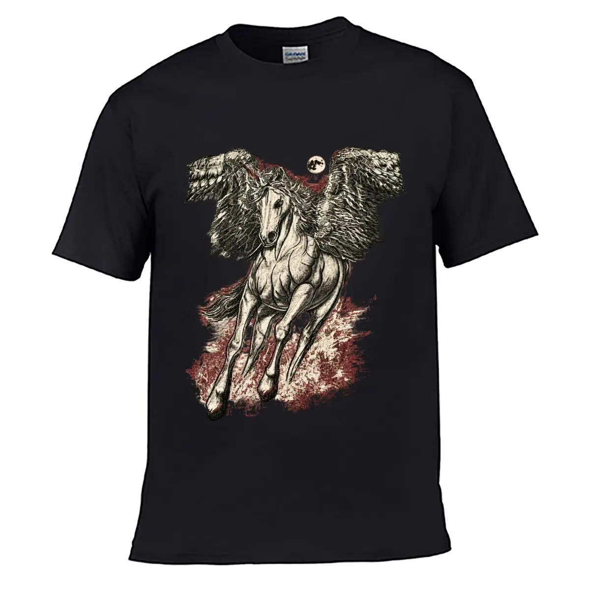 Gothic Winged Horse Under Moon Blood Splatter Illustration Street Loose Simple Tee