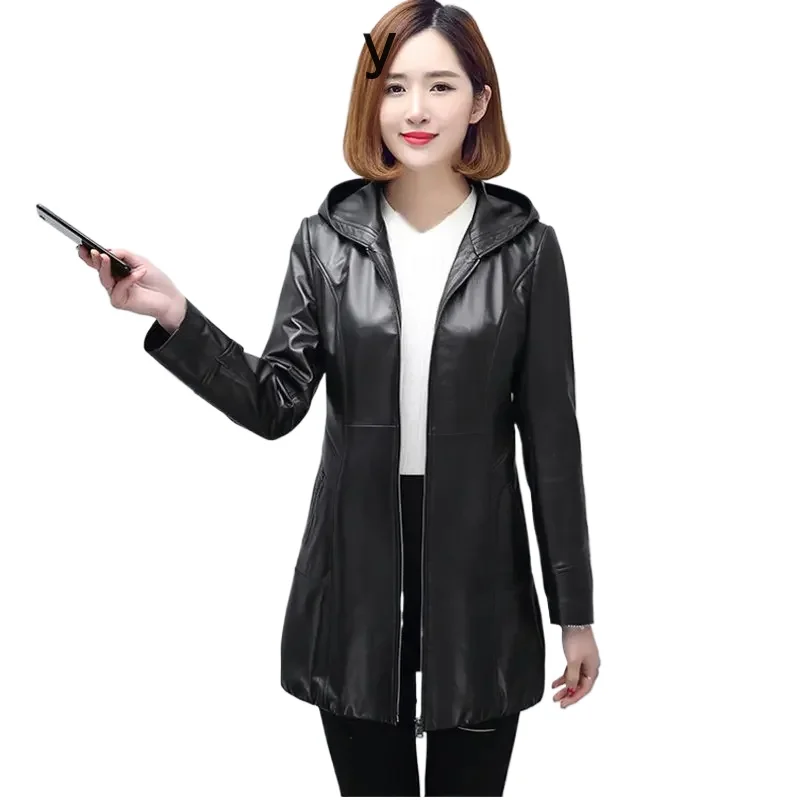 Chaqueta de cuero auténtico para mujer, chaquetas de cuero de moda coreana, ropa para mujer, abrigo de piel de oveja auténtica, cortavientos con capucha SGG 2024