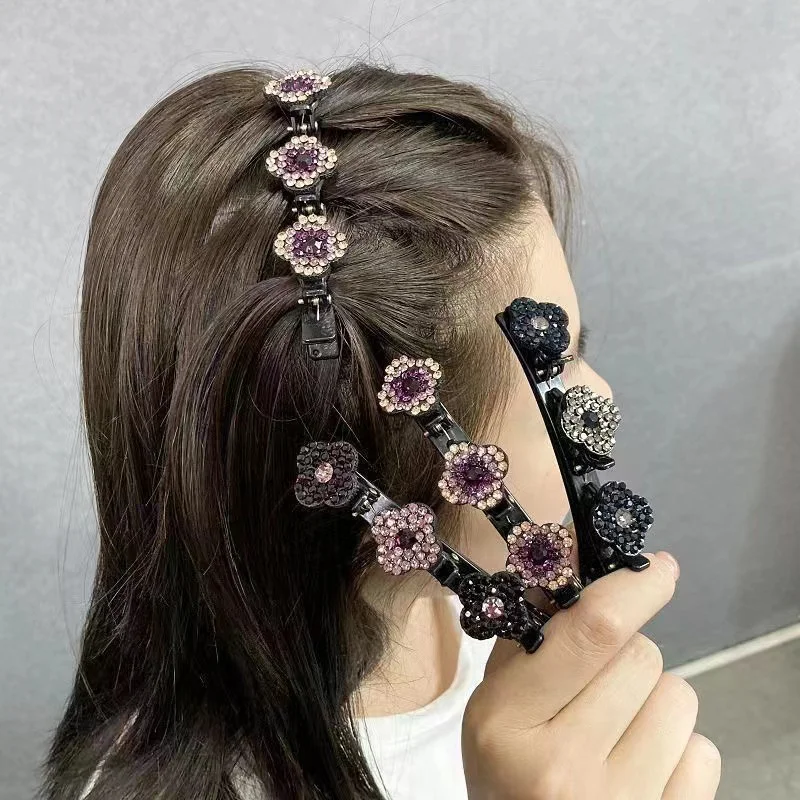 4 Pcs Sparkling Crystal Stone Hair Clips 3 Flower Diamonds Barrettes For Women Girls Sweet Rhinestones Braided Duckbill Hairpin