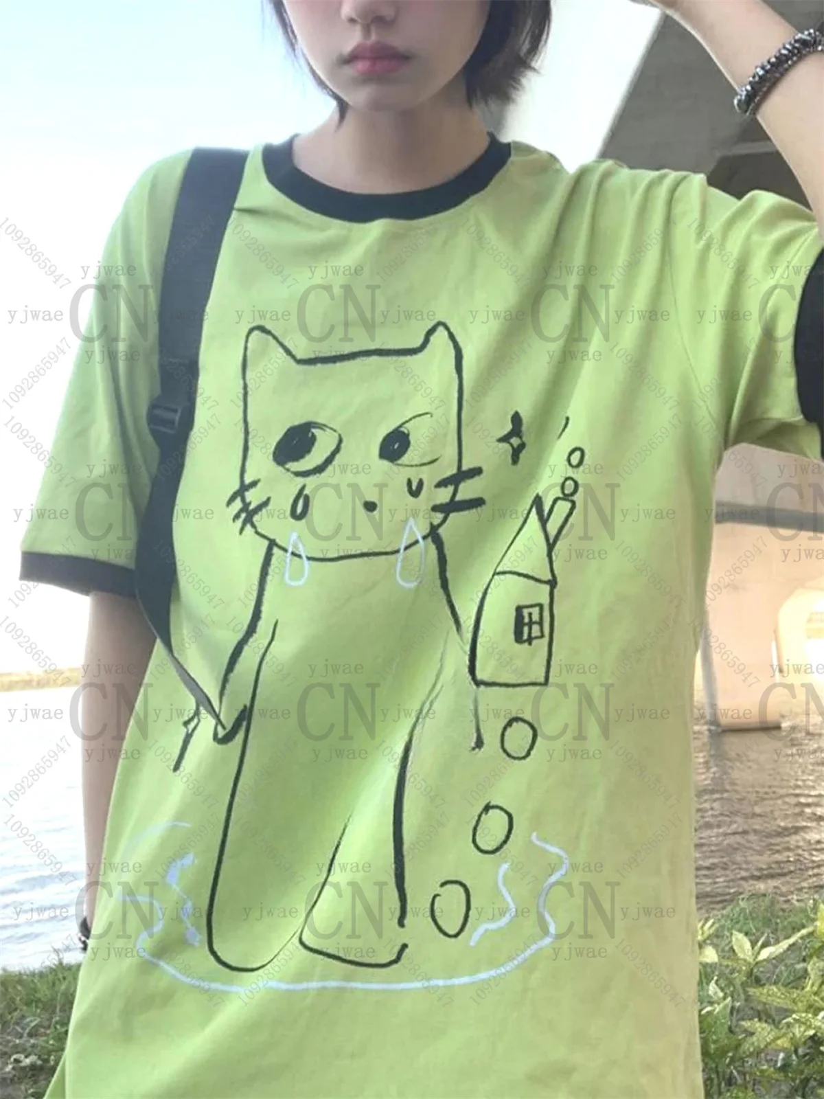 2026 Women'S Y2k Retro Korean Fashion T Shirt Cut Cat Graphic Short Sleeved Fashionable Streetwear Summer Men'S Women'S T-Shirts