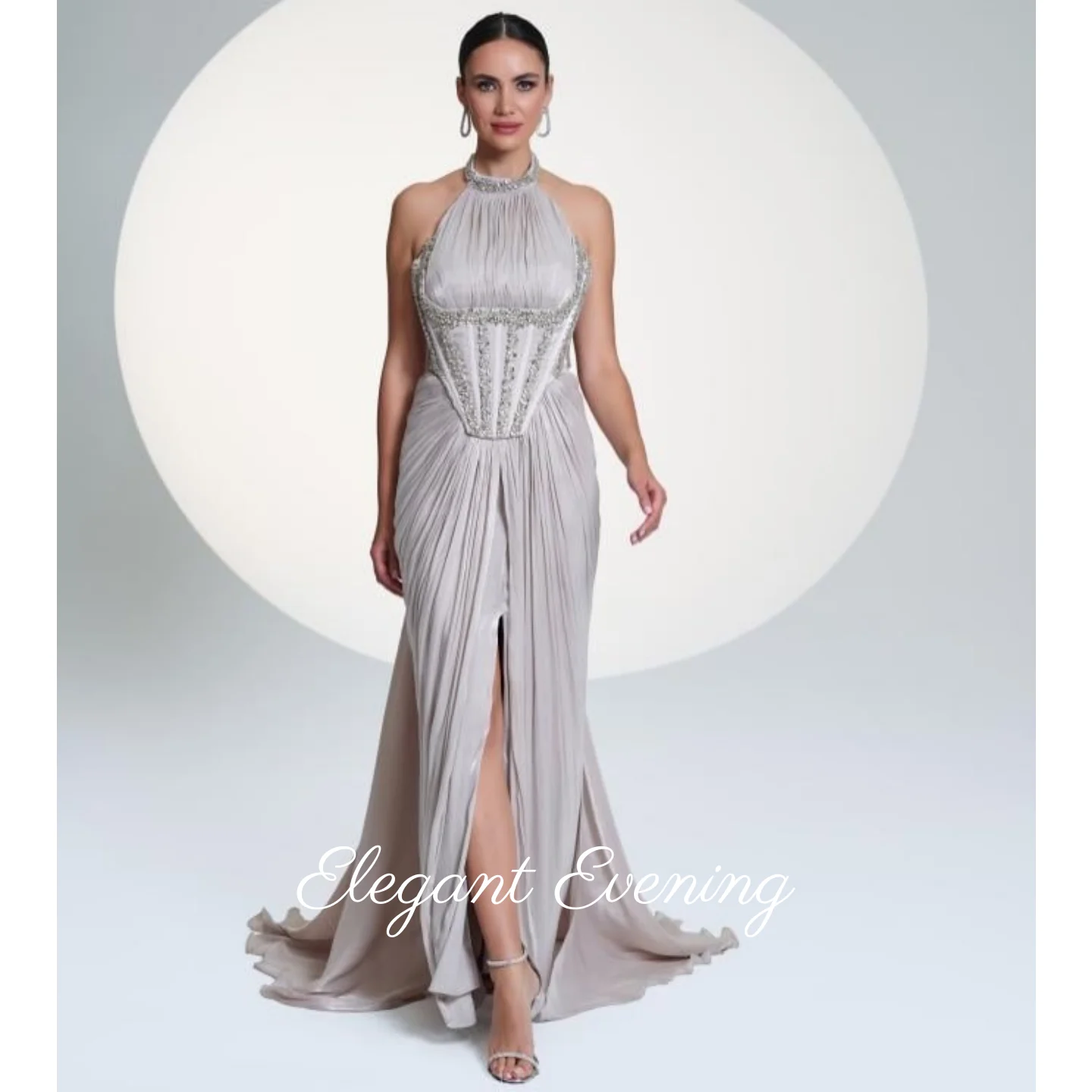 Elegant Chiffon O-Neck Prom Dress Crystal Beadings Evening Dress Backless Sequins Saudi Arabia Wedding Party Dress Customized