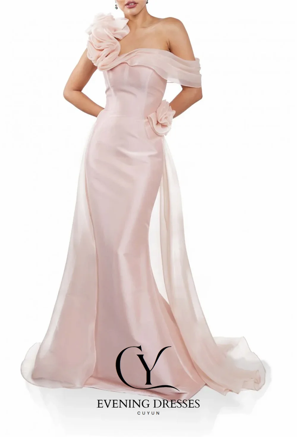 CUYUN-vestidos de noche de Organza de seda con un hombro, vestido Formal plisado hecho a mano con flores, vestidos de fiesta de lujo personalizados para mujer