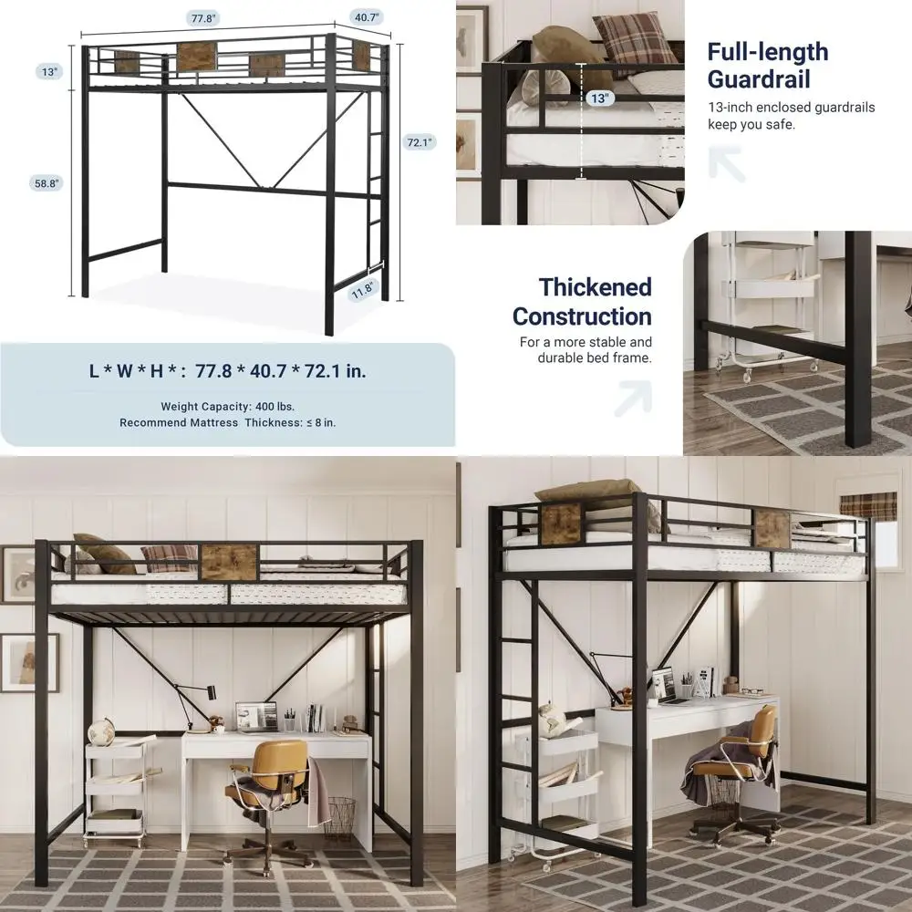 

Space-Saving Twin Bed with Stairs, Guardrail, and Black Finish for Kids' Rooms and Dorms, No Box Spring Needed