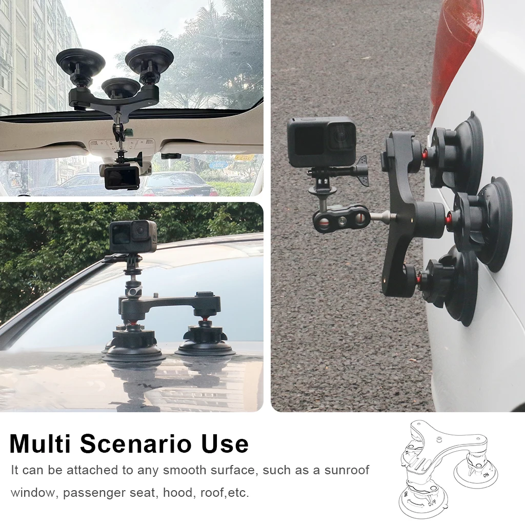 Triple Suction Cup Car Mount Heavy Duty Tripod with 360 Ball Head for Mobile Phones GoPro Insta360 DJI Action Camera, Windshield