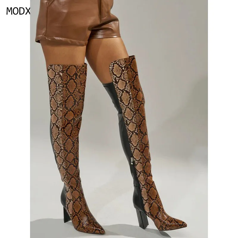

2026 Women Snakeskin Over The Knee Boots High Heel Winter Long Boots Pointed Toe Leather Thigh High Boots Customized 44