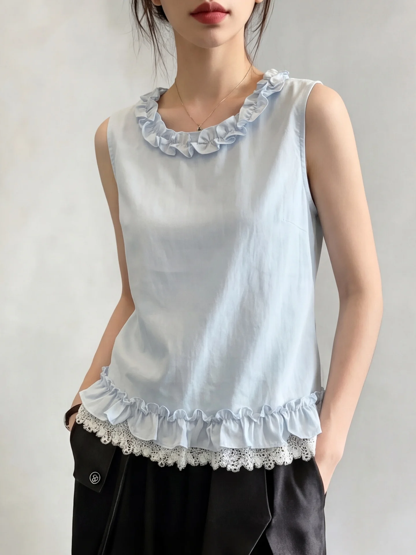

Blue Lace Collar Sleeveless Vest Doll Shirt round Neck Women's Fashion Summer New Style Small Size Floral Trim Shirt Top