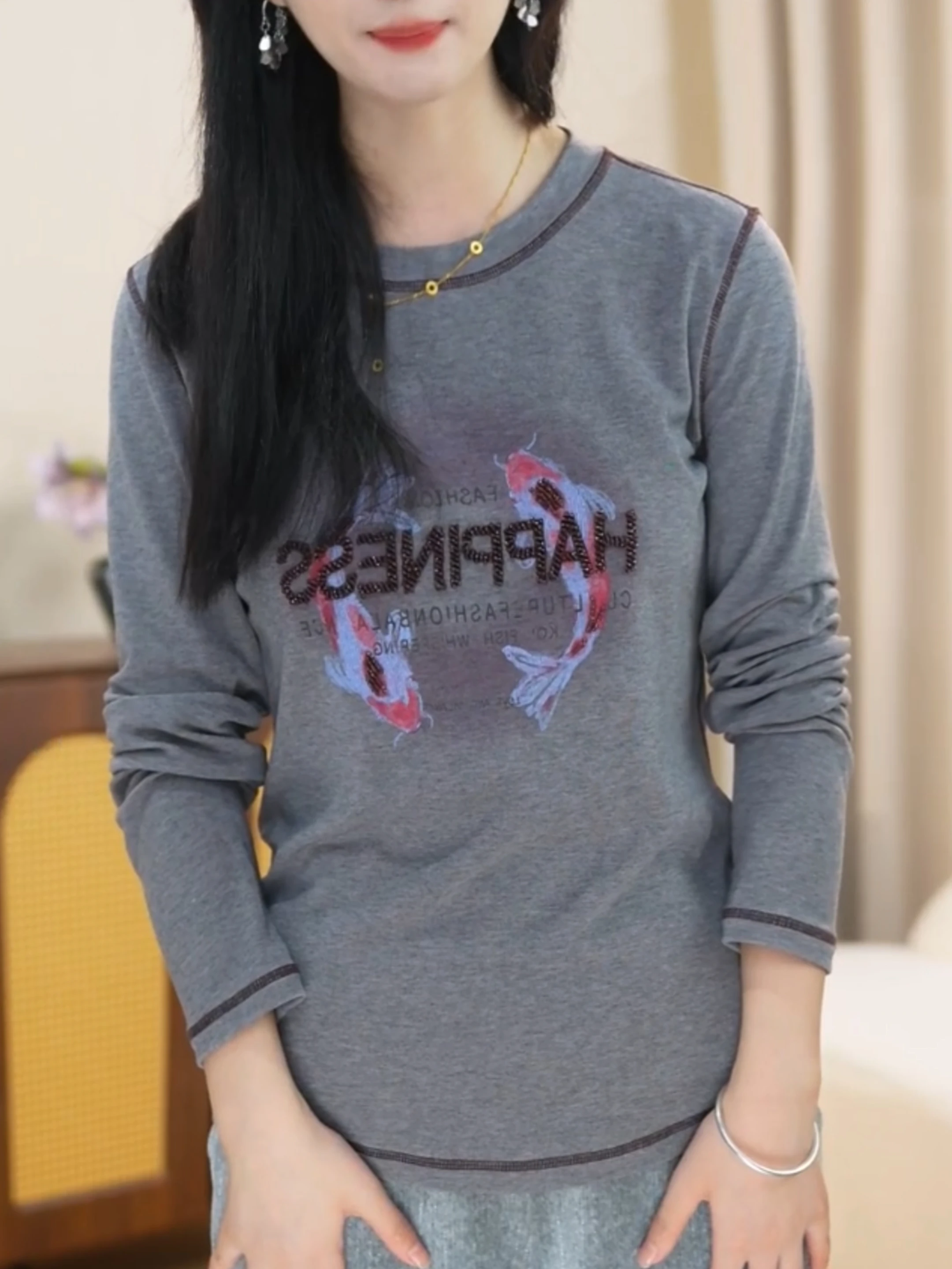 

Корейская футболка с принтом Sle Long Sve, осеннее новое поступление, женский свободный крой большого размера, круглый топ Ne