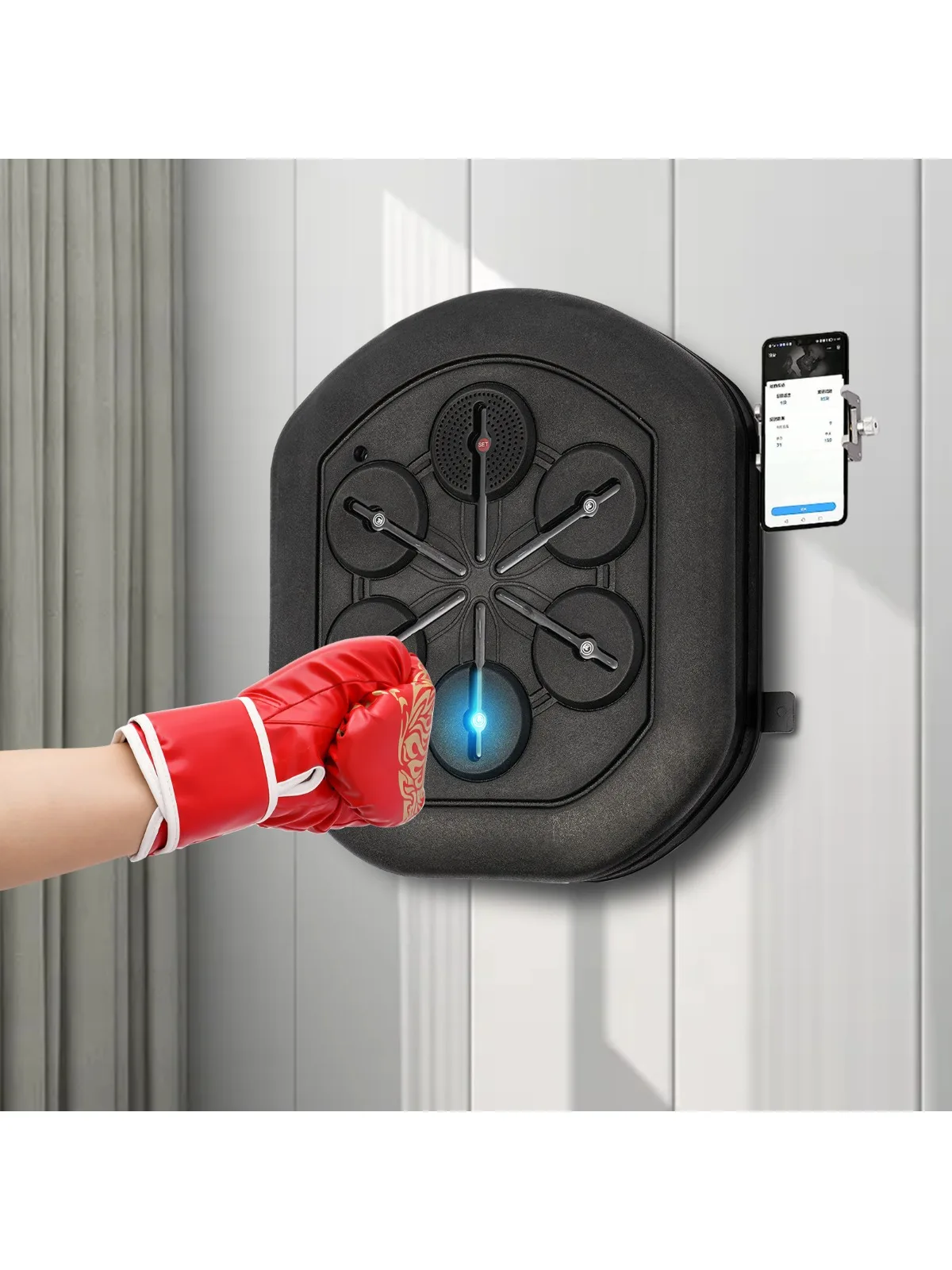 Machine de boxe musicale intelligente avec Bluetooth, équipement de poinçonnage d'entraînement de boxe à lumière LED mural avec gants pour salle de sport de chambre à coucher