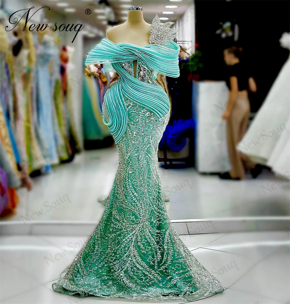 

Arabic Green Beading Evening Dresses Elegant Women Pleated Crystals Cocktail Dress Dubai Mermaid Bride Birthday Party Dress