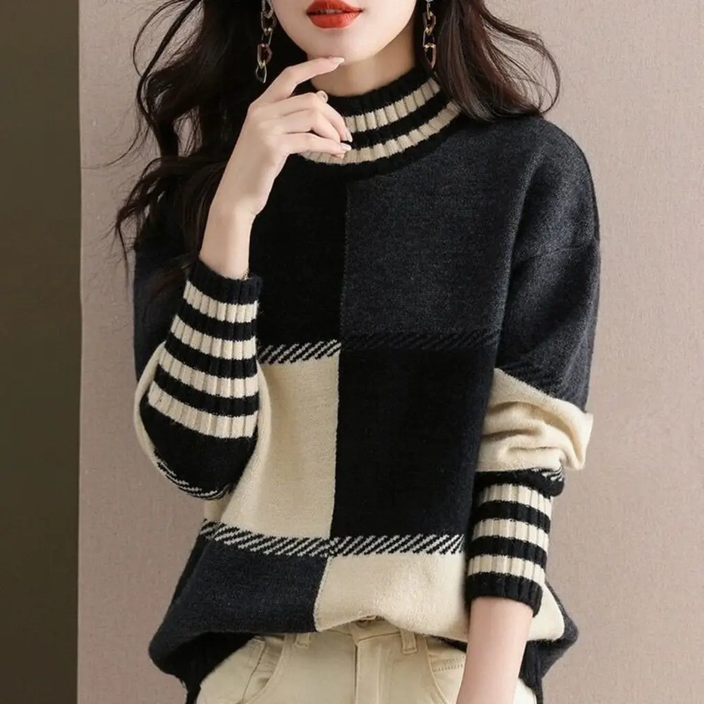 

Women's Autumn Winter Knitted Pullover Sweater Loose Western Style Color-Matching Base Shirt Age-Reducing Design