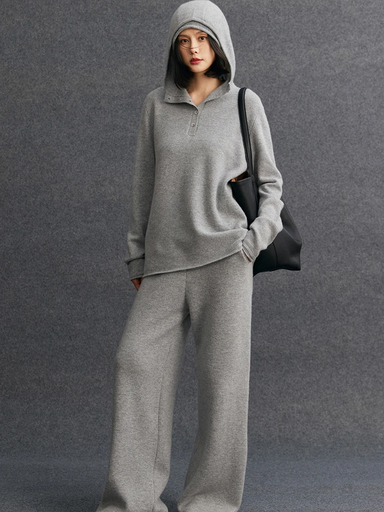

TLOML Chic Women's 100% Cashmere Knit Pants Wide Leg Pants Autumn Winter Thick Warm Cashmere Trousers Office Lady Simple Pants
