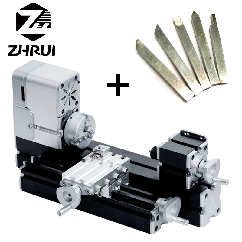 ZHRUI całkowicie metalowa miniaturowa tokarka 36W didaktyczna Mini metalowa obrabiarka dla hobbystów rzemiosło stolarskie z 5 szt. Narzędzie tokarskie
