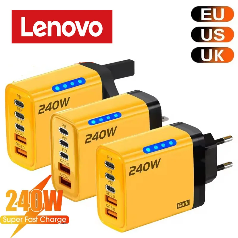 Carregador Rápido Lenovo 240w Gan com Luz LED 5 em 1, 2 USB, 3 Type-C, Carregador Multiportas para iPhone 15-17, Samsung, Huawei, Xiaomi