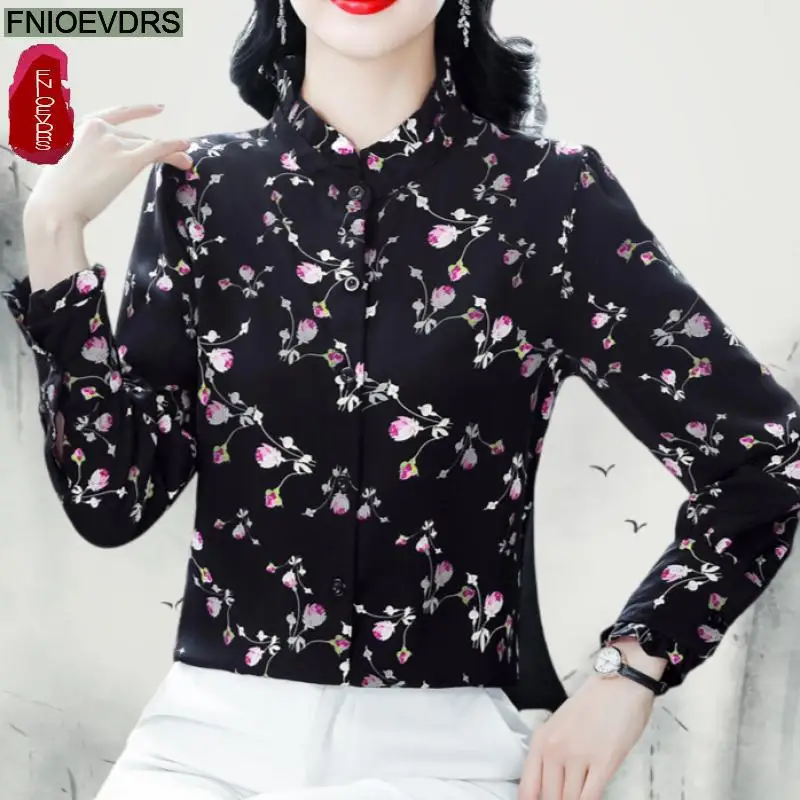 블랙 러플 상의 블라우스, 용수철 슬림 기본 착용, 긴 소매, 레트로 프렌치 디자인, 꽃 프린트, 꽃 셔츠, 2025 신상