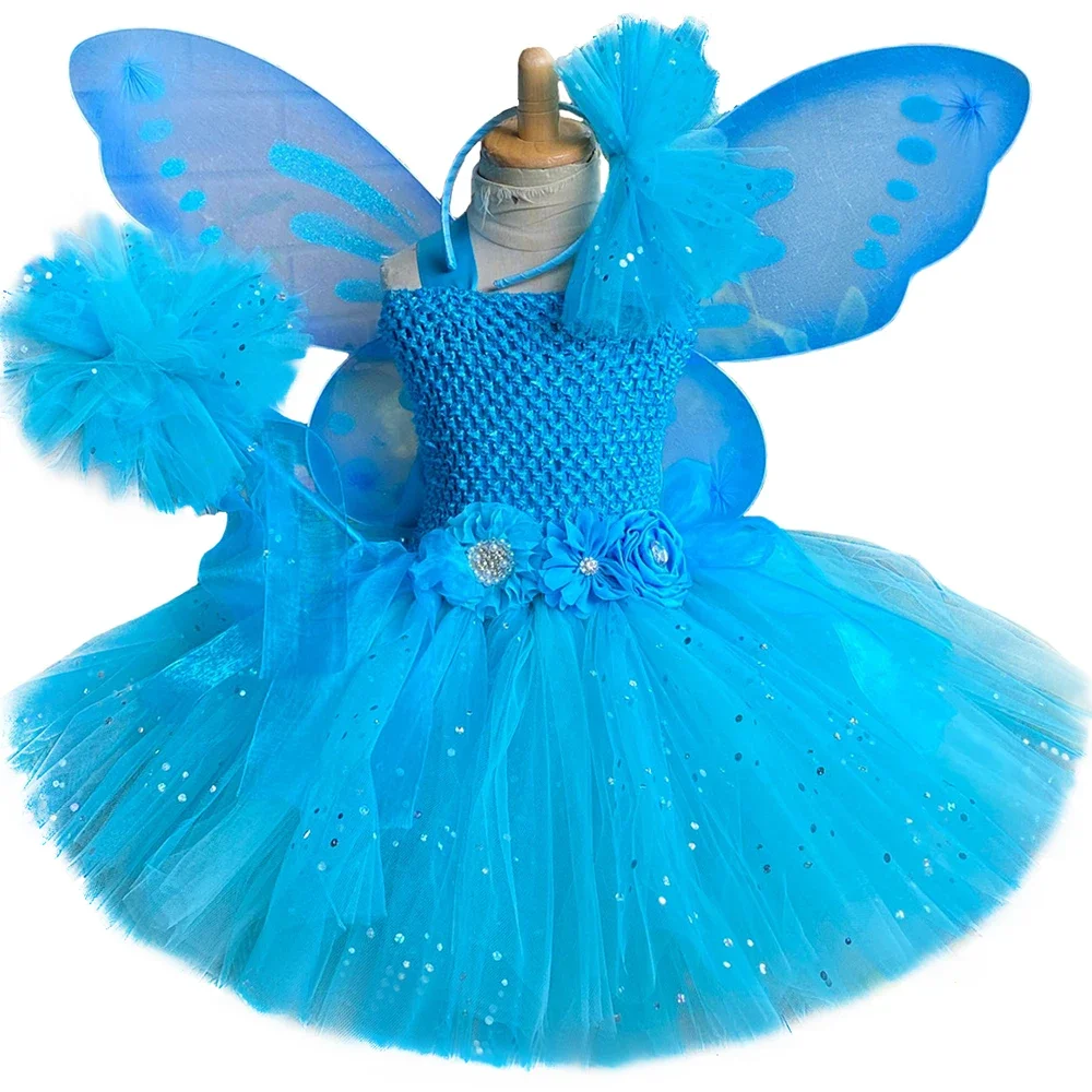 Sparkly Blue Turquoise Fairy Tutu Dress for Girls Birthday Party Princess Dress Ball Gown with Wings Set Kids Halloween Costumes