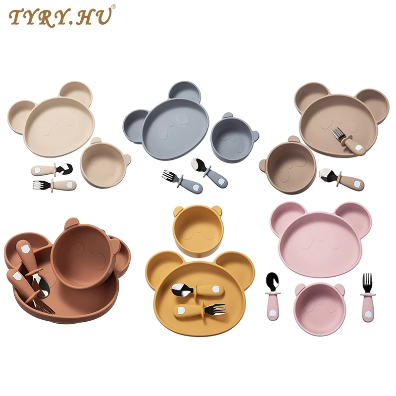 TYRY.HU 4Pcs Baby Silicone Dishes Dining Bowls Cartoon Panda Shaped Tableware Baby Feeding Plates Bowl Fork Spoon BPA For Baby