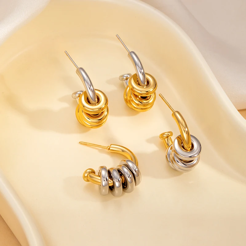 ANENJERY 316L Stainless Steel Geometry C-shape Circular Earrings for Women Men Personality Fashion Punk Jewelry Gifts Wholesale