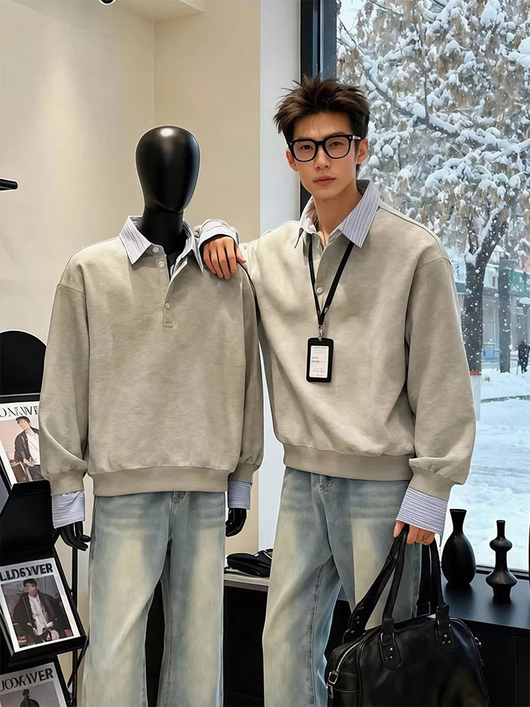 

Мужская толстовка-обманка с эффектом двухслойности, весенняя, в университетском стиле, с воротником хенли, длинным рукавом, Cleanfit