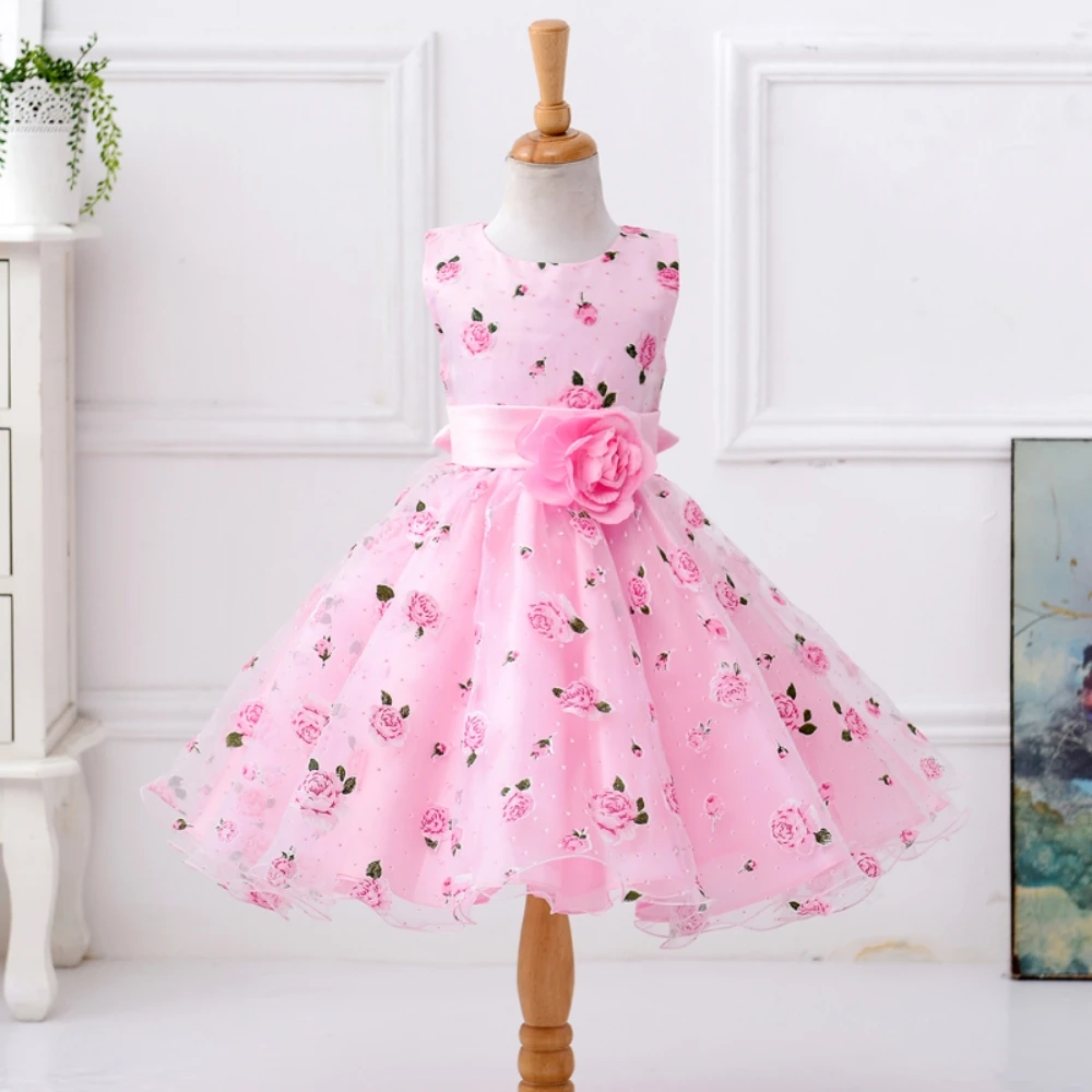 Girls Flower Printed Party Dress Christmas Costume Wedding Birthday Princess Prom Dresses For Girl Lace Bridesmaid Kids Clothing