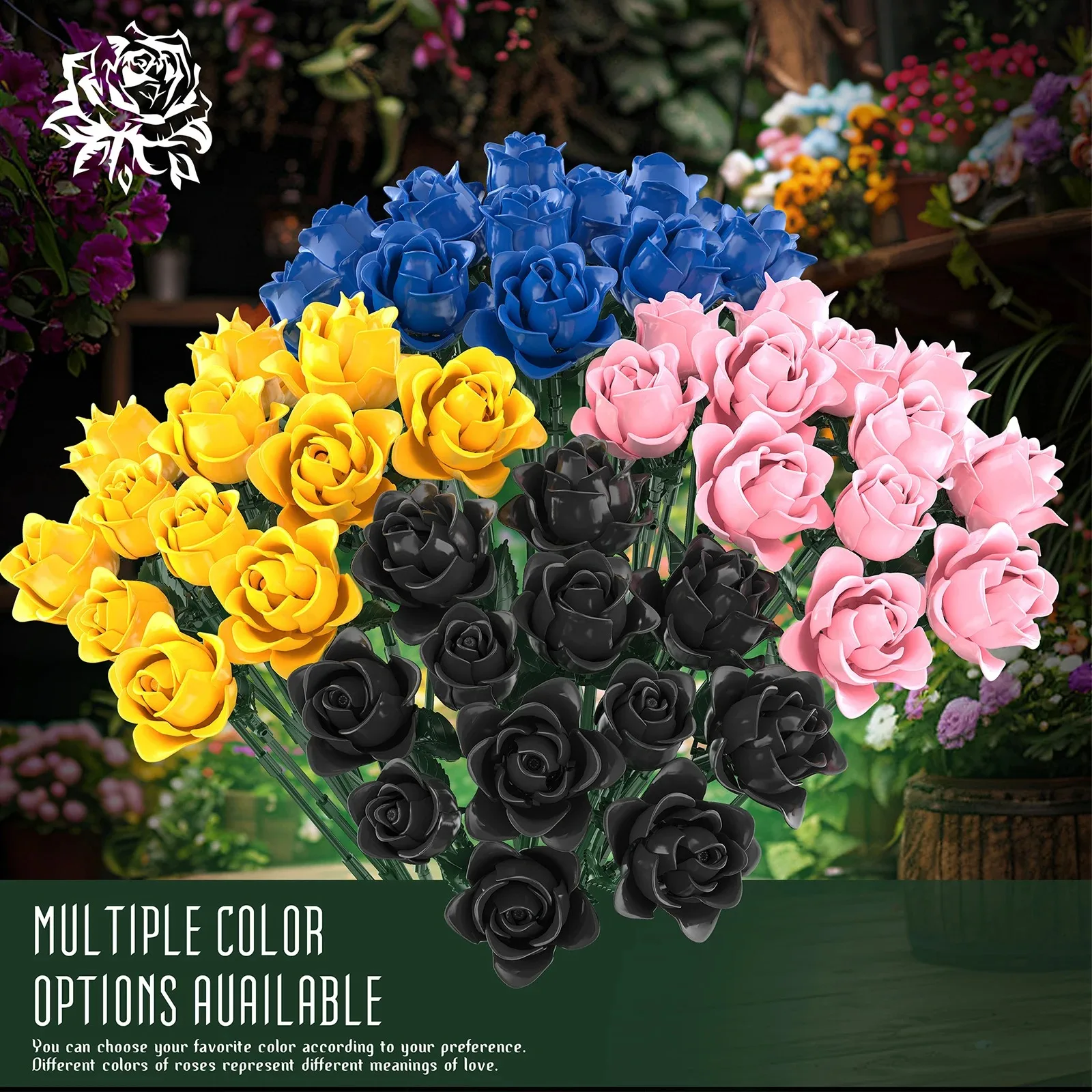 12PCS สีฟ้า/สีเหลือง/สีชมพู/สีดํา Rose Building Blocks ช่อดอกไม้จําลองดอกกุหลาบดอกไม้ Gothic Home Decor ที่ไม่ซ้ํากันของขวัญของเล่นเด็ก