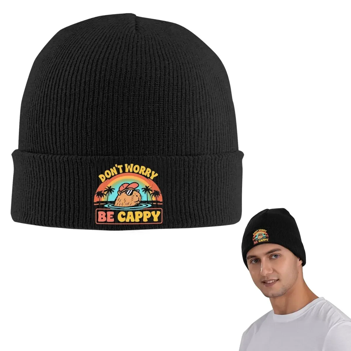 Embrace The Capybara Craze Don't Worry Be Cappy Warm Knitted Cap Bonnet Hat Autumn Winter Outdoor Beanies Hats For Men Women