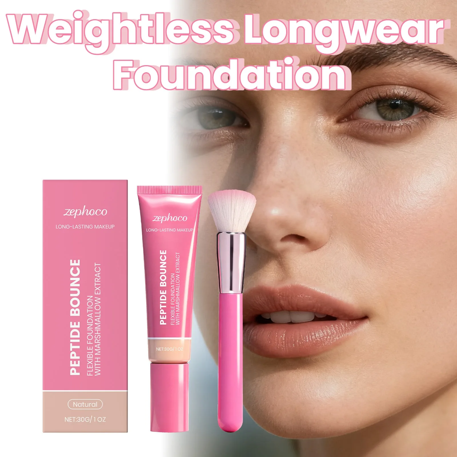 Base de maquillaje líquida ligera con pincel aplicador, acabado mate suave, larga duración 24H, maquillaje transpirable, no comedogénico, cobertura media modulable, aplicación sin rayas con acabado natural similar a la piel, base resistente al sudor y a la transferencia, base sin aceite para viajes