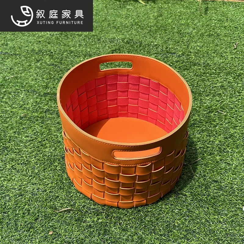 Hand-woven leather storage basket Light luxury leather storage basket Household clothes Toys sundries storage box combination