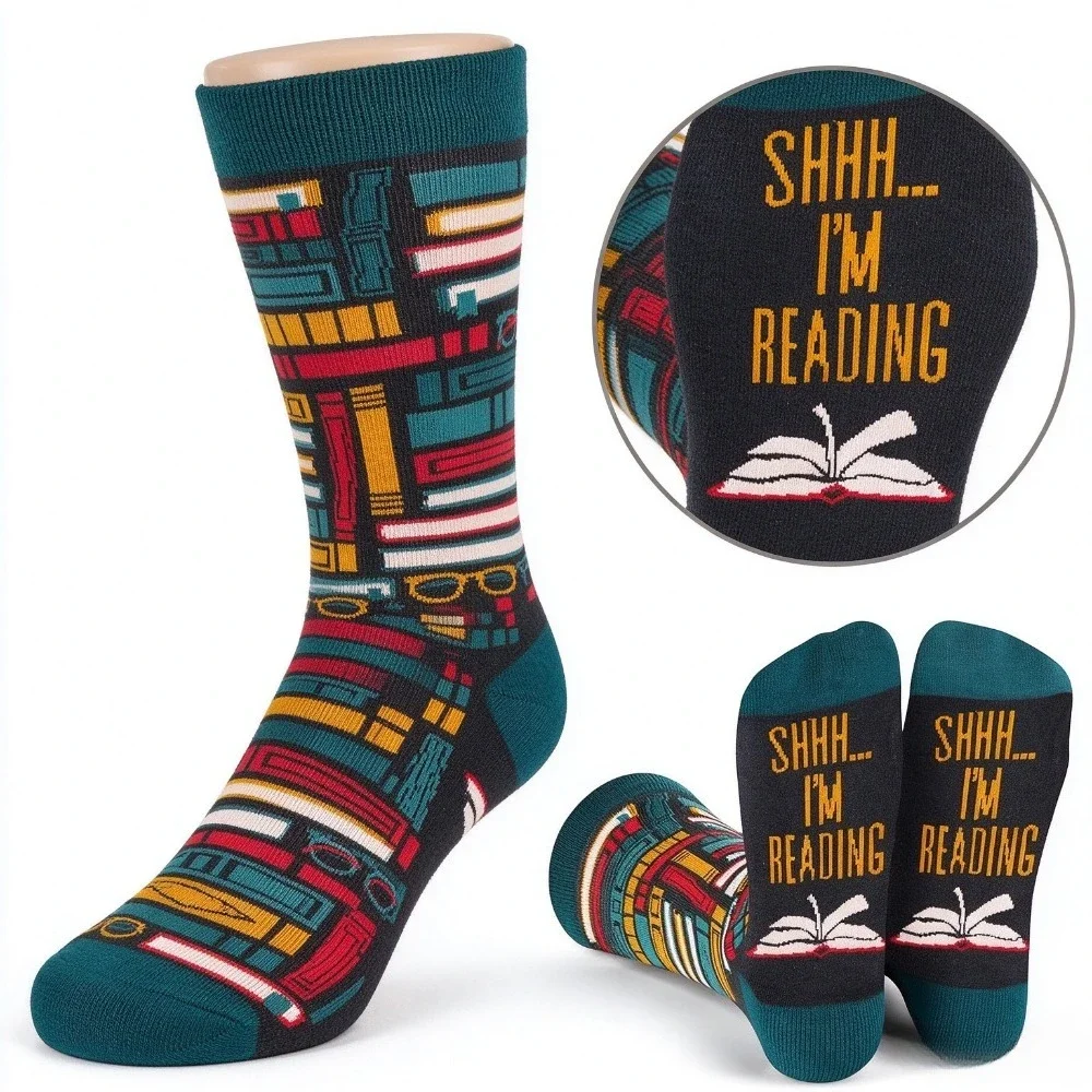Men Crew Socks Shh I'm Reading Letter Print Color Block Socks Funny Book Lover Casual Daily Dress Socks