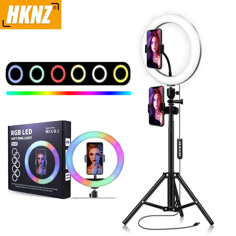 HKNZ 10'' RGB Ring Light With Phone 1.6m Tripod Stand Kit Camera Photography Video Recording Selfie LED light with Phone Holder