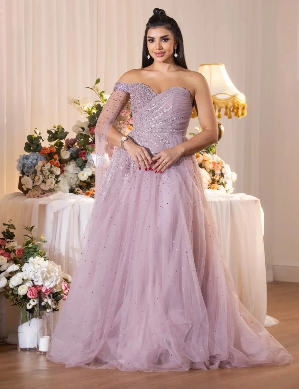 

Customized Formal Net Pattern Sequined Pleat A-line One-shoulder Long Dresses Bespoke Occasion Celebrity Elegant Sparkle