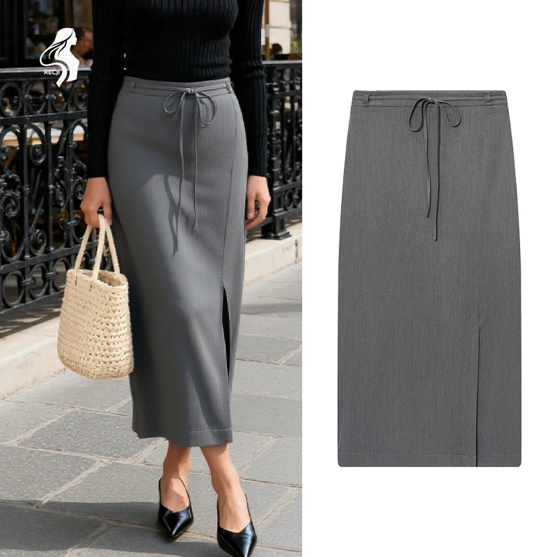 

RECJI Womens Midi Skirt With Waist Tie Slit Elegant Versatile Straight Cut Midi Skirt A Must Have Item For Spring And Autumn