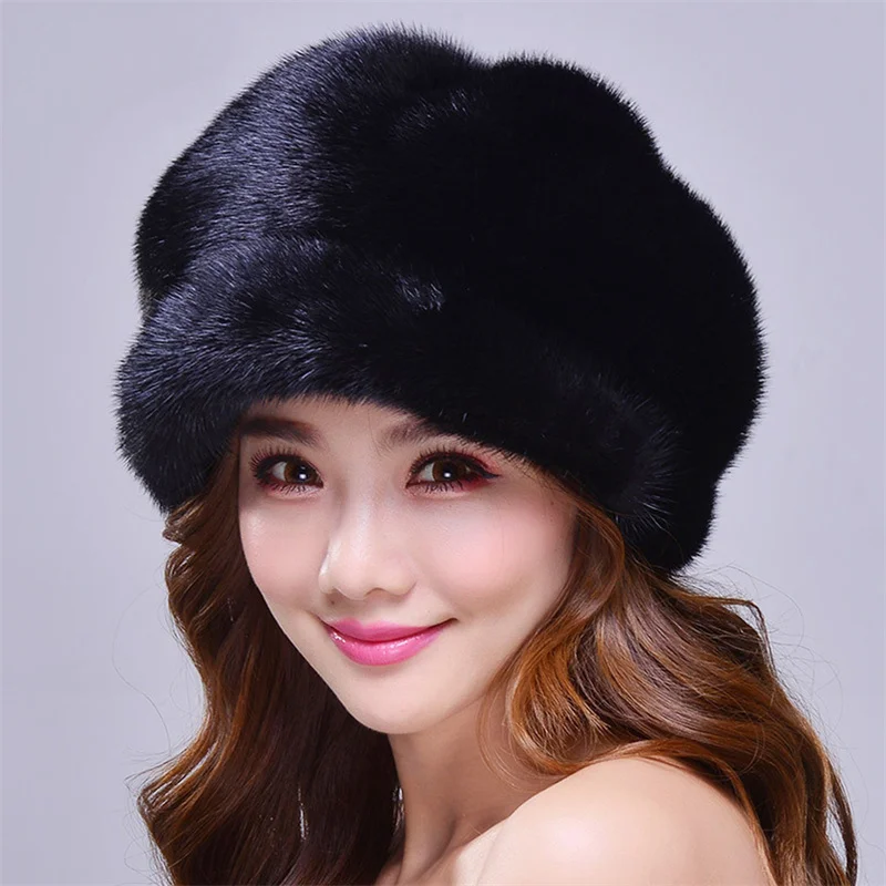 Women\'s Winter New Fur Hat Luxury Natural Mink Fur Warm Hat Fashionable Big Elastic Soft Thickened Windproof Fur Hat